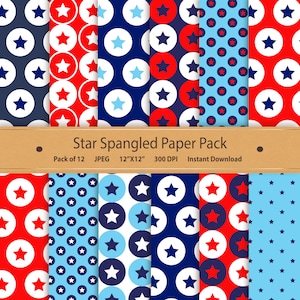 May include: A set of 12 digital paper patterns featuring red, white, and blue stars and circles. The patterns are perfect for scrapbooking, card making, and other crafting projects. "Star Spangled Paper Pack" is written on a brown banner.