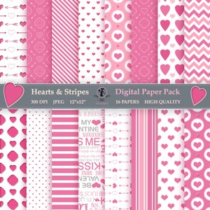 Puede incluir: Un paquete de papel digital con 16 patrones diferentes con corazones, rayas y flechas en rosa y blanco. El texto "Hearts & Stripes" y "Digital Paper Pack" se muestra en la pancarta.