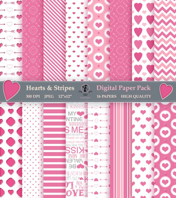 Pink Digital Paper Pack Valentine Digital Scrapbooking Paper Hearts & Stripes Printable Paper Instant Download Commercial Use Backgrounds Il_570xn