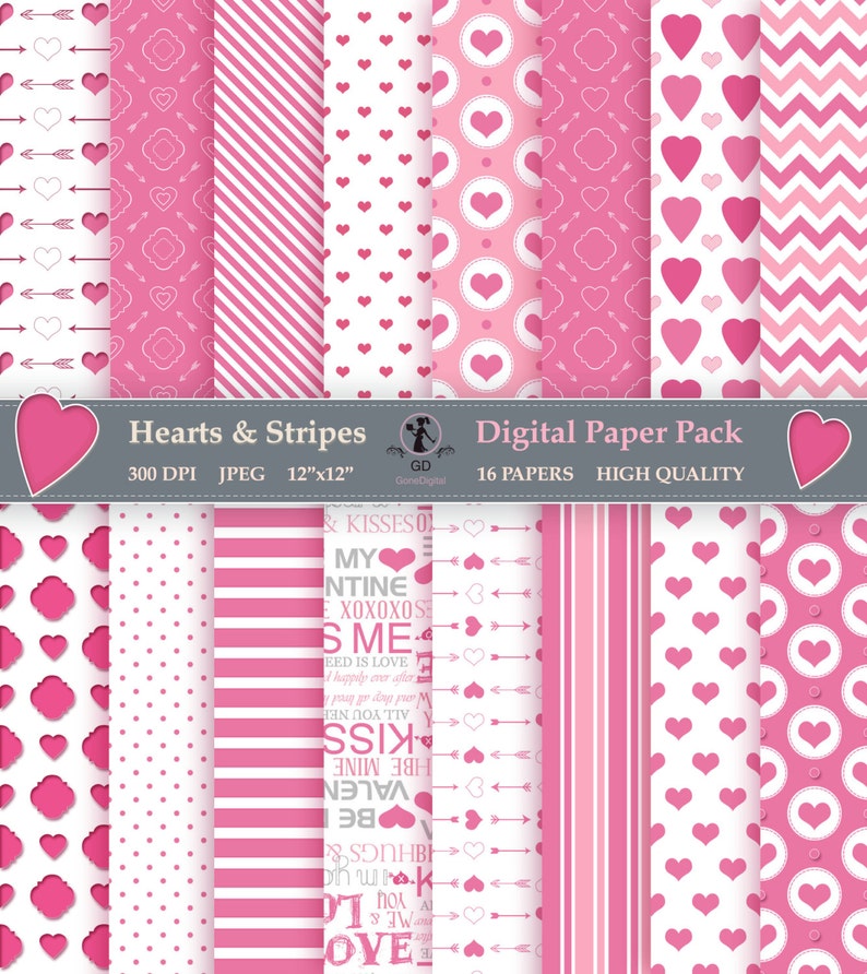 Puede incluir: Un paquete de papel digital con 16 patrones diferentes con corazones, rayas y flechas en rosa y blanco. El texto "Hearts & Stripes" y "Digital Paper Pack" se muestra en la pancarta.