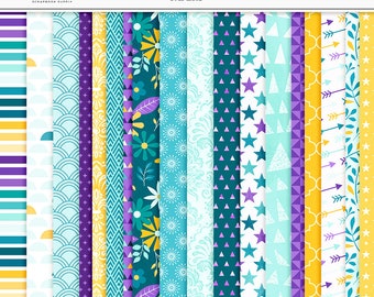 January Scrapbook Paper: Blue, Yellow, Floral, Stars (Digital Download)