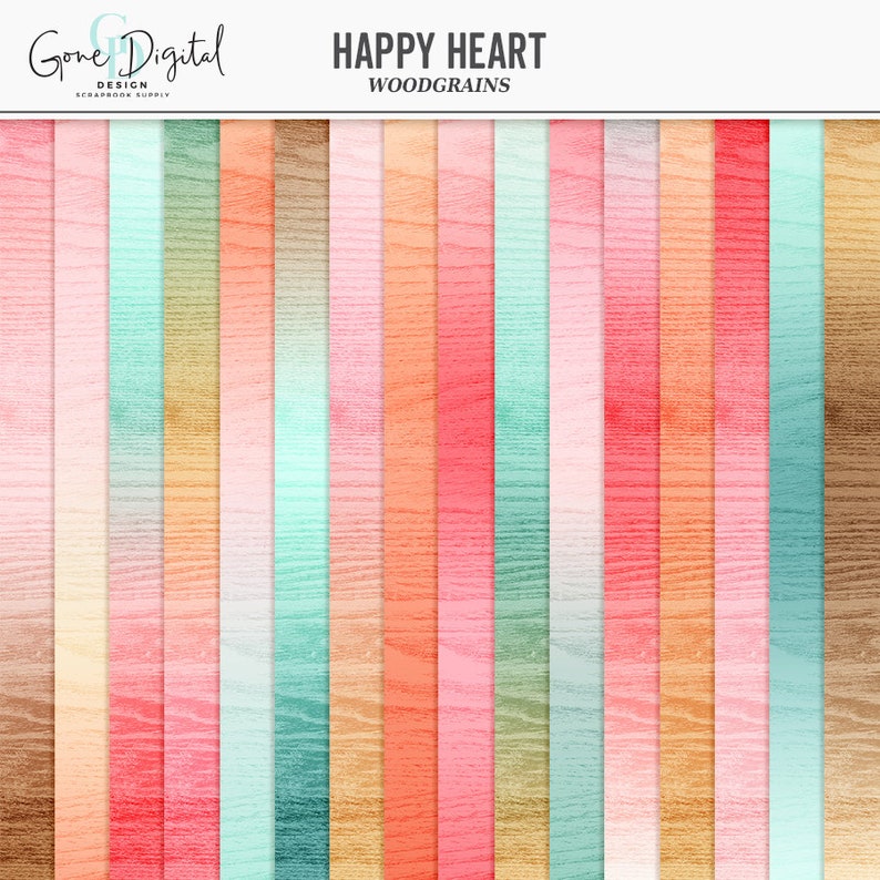 May include: A digital paper pack with 20 woodgrain patterns in various shades of pink, peach, orange, green, and brown. The text "HAPPY HEART WOODGRAINS" is at the top of the image.