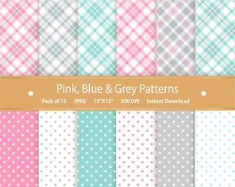 Digital Paper Pastel Plaid Spring Polka Dot Digital Paper Check Plaid Scrapbook Commercial Use Digital Scrapbook Paper Blue Pink Grey