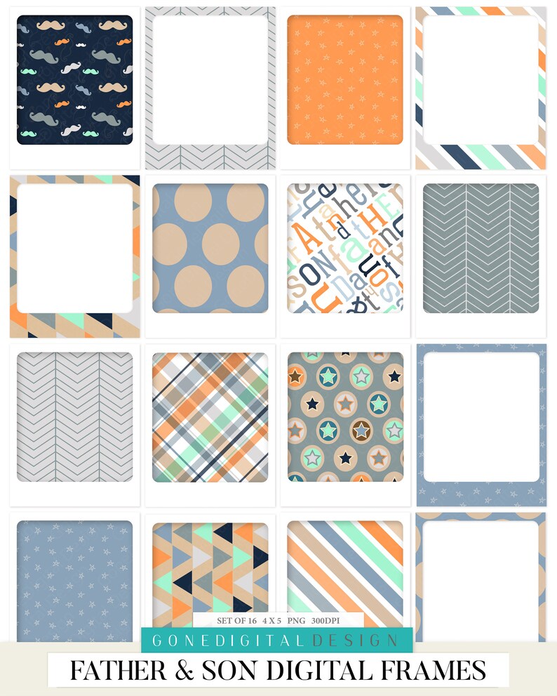 May include: Set of 16 digital frames featuring various patterns and designs in blue, orange, beige, and green. The frames are perfect for creating personalized photo collages or adding a touch of style to your digital projects.