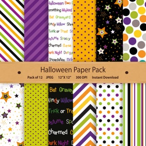 May include: A set of 12 digital Halloween paper patterns in a variety of colours and designs, including stars, polka dots, stripes, and chevron patterns. The patterns are 12 inches by 12 inches and 300 DPI.