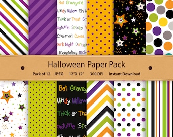 Halloween Digital Paper Pack: Chevron, Stars, Polka Dots (12x12, Digital Download)