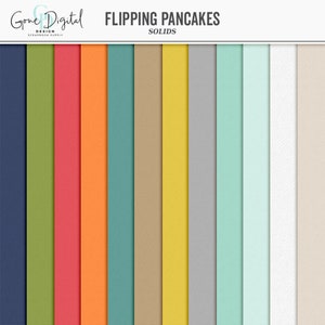 Puede incluir: Un conjunto de 16 fondos de papel digital en colores s&oacute;lidos. Los colores incluyen azul marino, verde, rojo, naranja, azul verdoso, beige, amarillo, gris, azul claro y blanco. Los papeles est&aacute;n etiquetados como "Flipping Pancakes Solids".