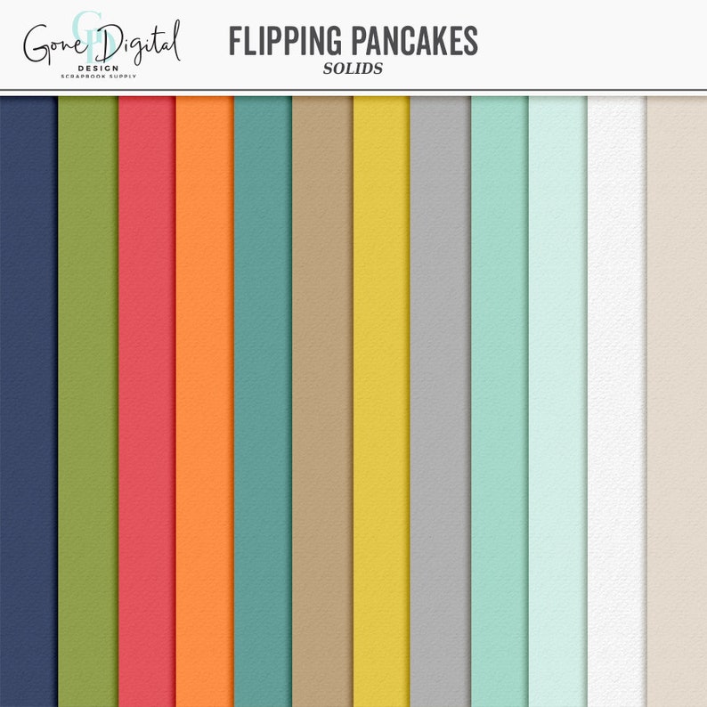Puede incluir: Un conjunto de 16 fondos de papel digital en colores s&oacute;lidos. Los colores incluyen azul marino, verde, rojo, naranja, azul verdoso, beige, amarillo, gris, azul claro y blanco. Los papeles est&aacute;n etiquetados como "Flipping Pancakes Solids".