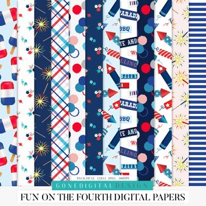 May include: A set of 12 digital papers featuring various patriotic designs, including red, white, and blue checkered patterns, fireworks, and text that says "Fireworks Parade BBQ" and "We Are Alling Fourt".