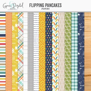 May include: A set of 10 digital papers featuring various patterns and designs related to pancakes. The papers include a yellow and red pattern with plus signs, a blue and yellow pattern with polka dots, a green and white pattern with leaves, a gray and white pattern with triangles, a green and white pattern with stripes, a blue and white pattern with gingham, and a blue pattern with a breakfast theme.