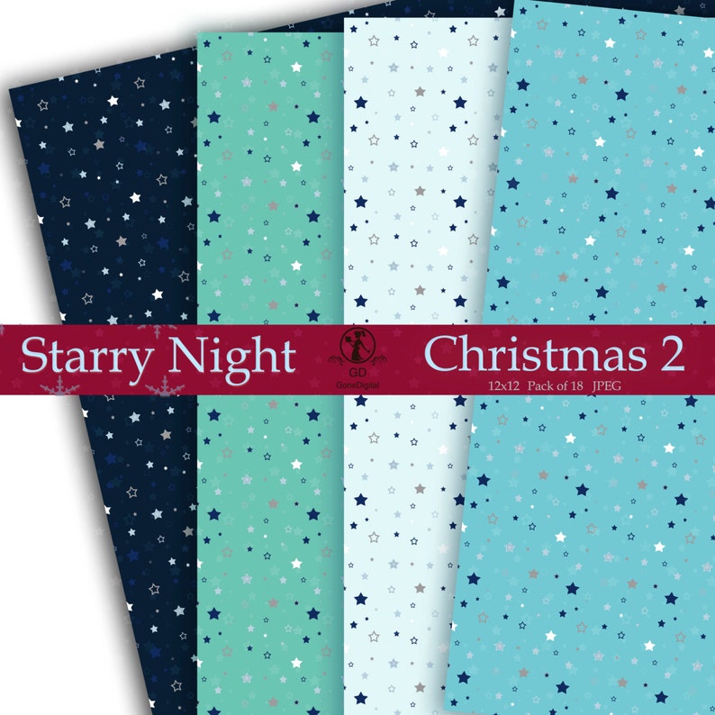 May include: A set of three digital paper designs featuring a repeating pattern of stars in various shades of blue, gray, and white on a light blue, teal, and white background. The text "Starry Night" and "Christmas 2 12x12 Pack of 18 JPEG" is included in the image.