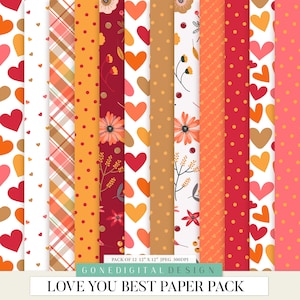 May include: A set of 12 digital paper patterns featuring hearts, flowers, and polka dots in shades of red, orange, and white. The papers are 12 inches by 12 inches and 300 DPI. The text "LOVE YOU BEST PAPER PACK" is at the bottom of the image.