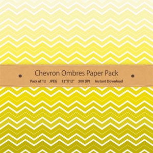 K&ouml;nnte beinhalten: Ein digitales Papierpaket mit 12 Chevron-Ombre-Mustern in Gelb und Wei&szlig;. Jedes Muster ist 30,5 cm x 30,5 cm gro&szlig; und hat 300 DPI. "Chevron Ombres Paper Pack" steht auf einem braunen Banner.