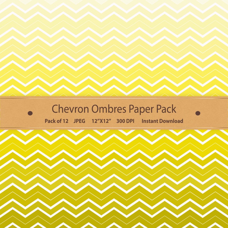 K&ouml;nnte beinhalten: Ein digitales Papierpaket mit 12 Chevron-Ombre-Mustern in Gelb und Wei&szlig;. Jedes Muster ist 30,5 cm x 30,5 cm gro&szlig; und hat 300 DPI. "Chevron Ombres Paper Pack" steht auf einem braunen Banner.