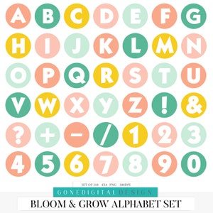 May include: A set of colorful alphabet and number stickers in a circle shape. The letters and numbers are white and outlined in black. The stickers are perfect for adding a touch of whimsy to any project.