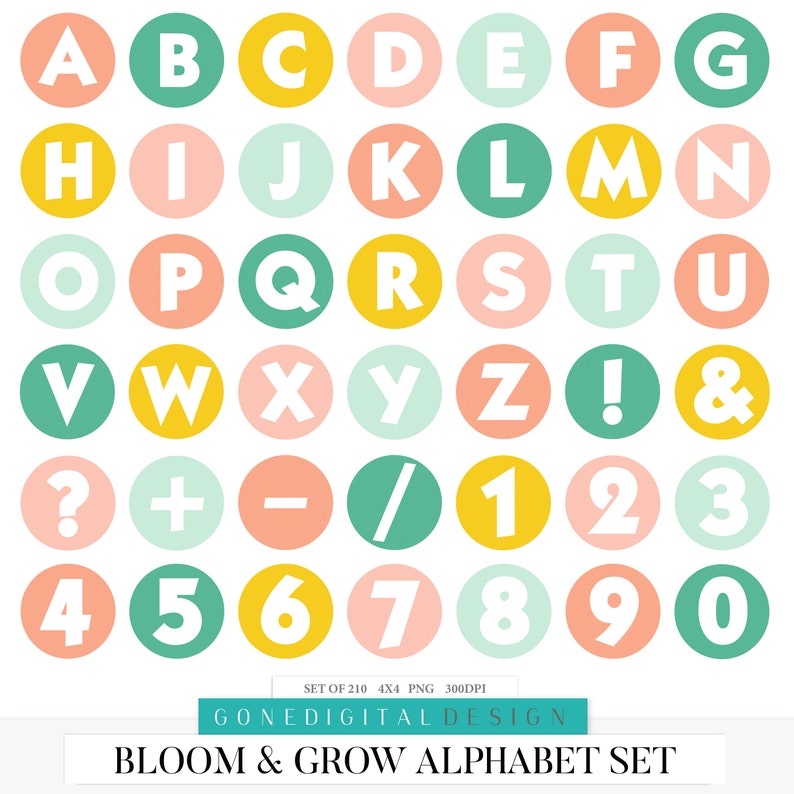 May include: A set of colorful alphabet and number stickers in a circle shape. The letters and numbers are white and outlined in black. The stickers are perfect for adding a touch of whimsy to any project.