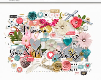 February Love Scrapbook Clipart: Heart Stickers, Digital Elements (PNG)