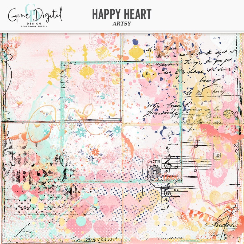 Op de afbeelding: Een scrapbookpapierontwerp getiteld "Happy Heart" met een artistiek thema. Het ontwerp bevat een collage van pastelkleuren, waaronder roze, geel en teal, met bloemen- en hartmotieven, handgeschreven tekst en muzieknoten.