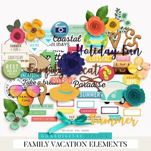 Op de afbeelding: Een set van 60 digitale scrapbook-elementen voor familievakanties. De elementen omvatten illustraties van een strand, een auto, een koffer, een zonnebril, een hoed, bloemen en tekst die "Family Vacation Elements" zegt.