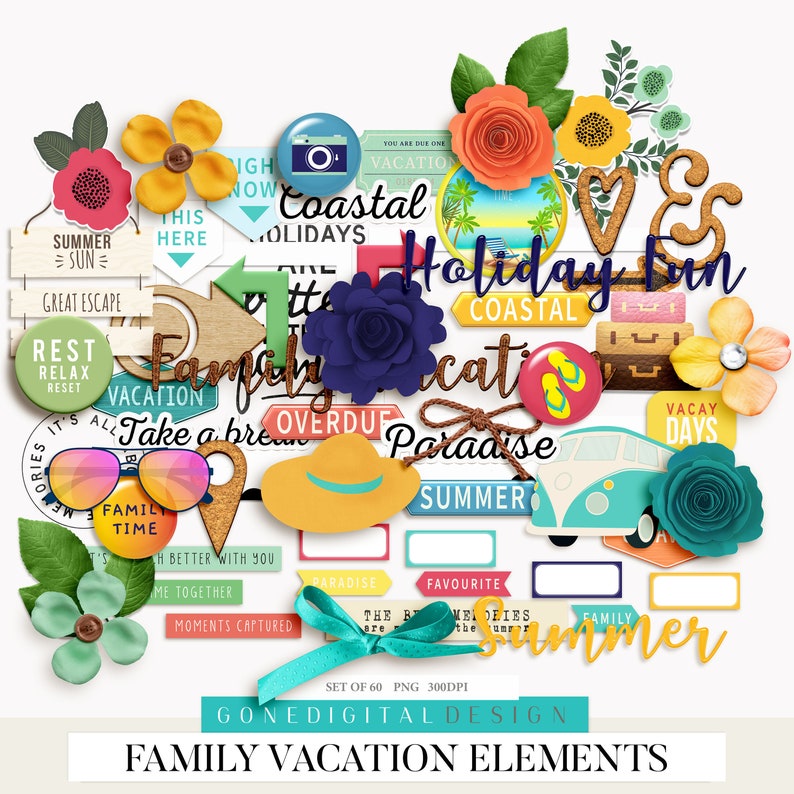 Op de afbeelding: Een set van 60 digitale scrapbook-elementen voor familievakanties. De elementen omvatten illustraties van een strand, een auto, een koffer, een zonnebril, een hoed, bloemen en tekst die "Family Vacation Elements" zegt.