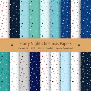 Notte stellata di Natale 12x12 Confezione di carta digitale Disegni stampabili Download immediato Scrapbooking Carta artigianale Confezione da 18 Blu Rosso Verde