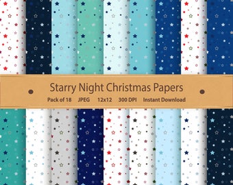 Starry Night Christmas 12x12 Digital Paper Pack Printable Designs Instant Download Scrapbooking Paper Crafts Pack of 18 Blue Red Green