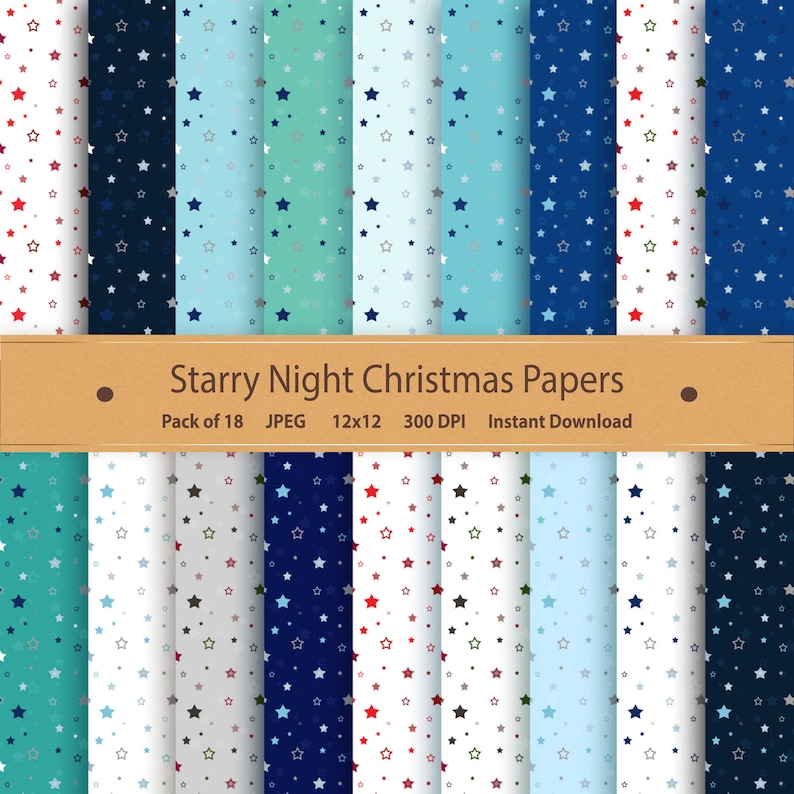 May include: A set of 18 digital papers featuring a starry night Christmas theme. The papers are in various shades of blue, green, and white with a repeating pattern of stars. The text "Starry Night Christmas Papers" is displayed on a brown banner.