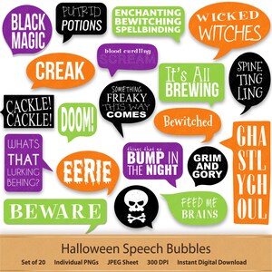 Puede incluir: Conjunto de 20 burbujas de di&aacute;logo de Halloween con frases espeluznantes como "Black Magic", "Wicked Witches", "Creepy", "Eerie", "Beware", "Grim and Gory", "Feed Me Brains", "Something Freaky This Way Comes", "Whats That Lurking Behind?" y m&aacute;s. Las burbujas de di&aacute;logo son de varios colores, incluyendo negro, naranja, verde, morado y rojo.