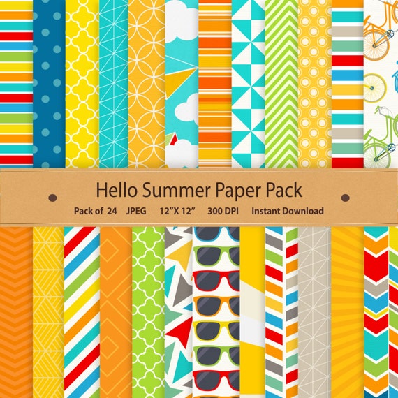 Summer Digital Paper Hello Summer Paper Pack Commercial Use Digital Scrapbooking Sunshine Summer Scrapbook Fun Patterns Yellow Orange Blue Il_570xn