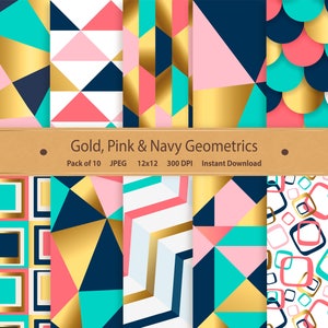 May include: A set of 10 digital paper patterns featuring geometric designs in gold, pink, and navy blue. The patterns are 12 inches by 12 inches and 300 DPI.
