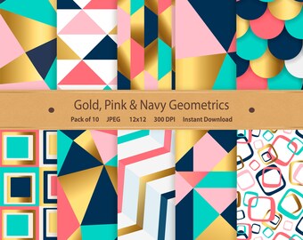 Digital Geometric Papers Gold Pink Navy Gold Foil Paper Printable Geometric Scrapbook Paper Gold Geometric Pattern Geometric Background