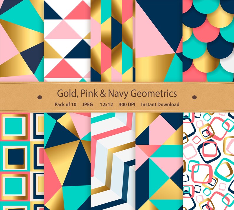 Digital Geometric Papers Gold Pink Navy Gold Foil Paper Printable Geometric Scrapbook Paper Gold Geometric Pattern Geometric Background image 1