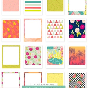 May include: Set of 16 digital summer frames in PNG format, each measuring 4 inches by 5 inches at 300 DPI. The frames feature various summer-themed patterns, including pineapples, flamingos, palm trees, watermelon, stripes, polka dots, and floral designs.