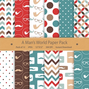 Digital Scrapbook Paper Hipster Patterns Fathers Day Grandpa Mustache Baby Boy Printable Papers Gentleman Digital Red Blue Brown Papers image 1