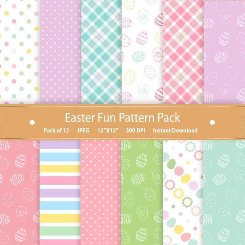 May include: A set of 12 digital paper patterns featuring Easter-themed designs. The patterns include polka dots, stripes, plaid, and eggs with different patterns. The patterns are in pastel colors, including pink, blue, green, and yellow.