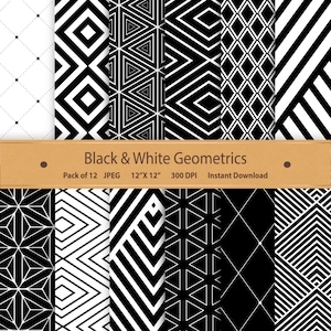 May include: A set of 12 digital paper patterns featuring black and white geometric designs. The patterns are 12 inches by 12 inches and 300 DPI. "Black & White Geometrics" and "Pack of 12 JPEG 12"X12" 300 DPI Instant Download" are written on a brown banner.