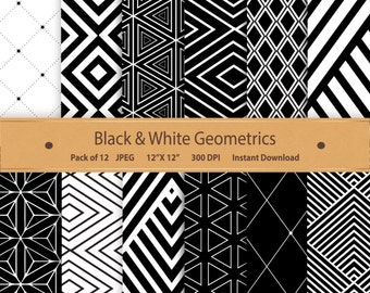 Black and White Geometric Paper: 12x12 Scrapbook Patterns (Digital Download)