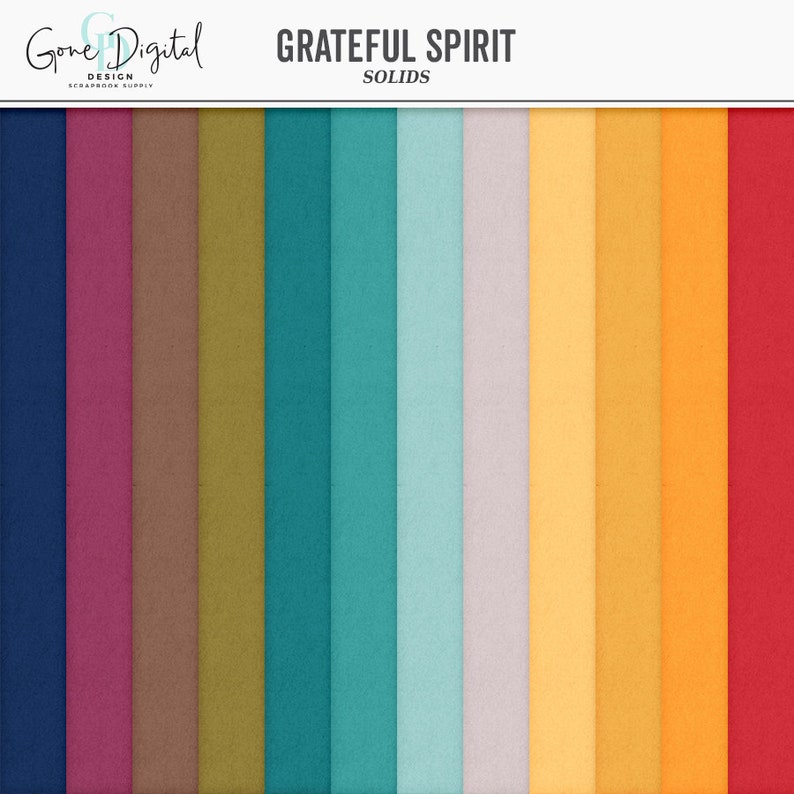 May include: A set of 16 digital paper backgrounds in various shades of blue, green, brown, yellow, orange, and red. The papers have a textured, grainy look and are labeled "GRATEFUL SPIRIT SOLIDS".