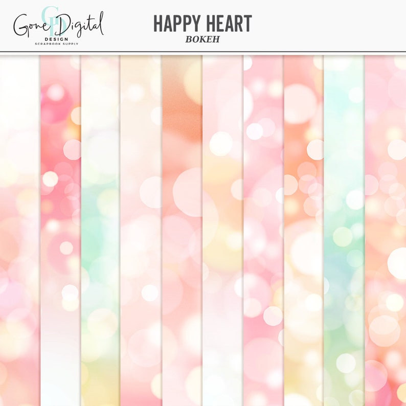 Puede incluir: Un paquete de papel digital con 10 patrones diferentes que presentan un efecto bokeh en tonos de rosa, melocot&oacute;n, amarillo y verde. El texto "HAPPY HEART BOKEH" est&aacute; en la parte superior de la imagen.