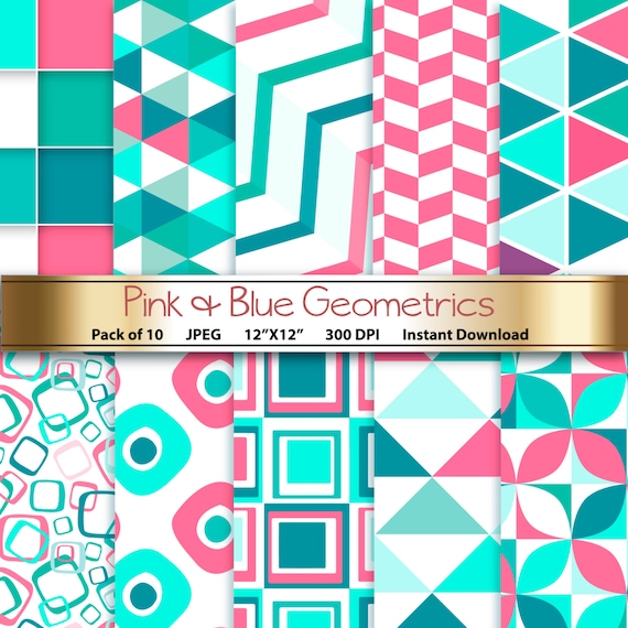 Geometric Digital Paper: Pink & Blue Geometrics 12x12 Scrapbooking Papers - Craft Supplies Papercrafting - Instant Download Printable Il_570xn