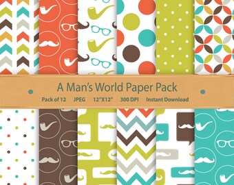 Father's Day Digital Paper Pack: Mustache, Glasses, Pipes (Digital Download)