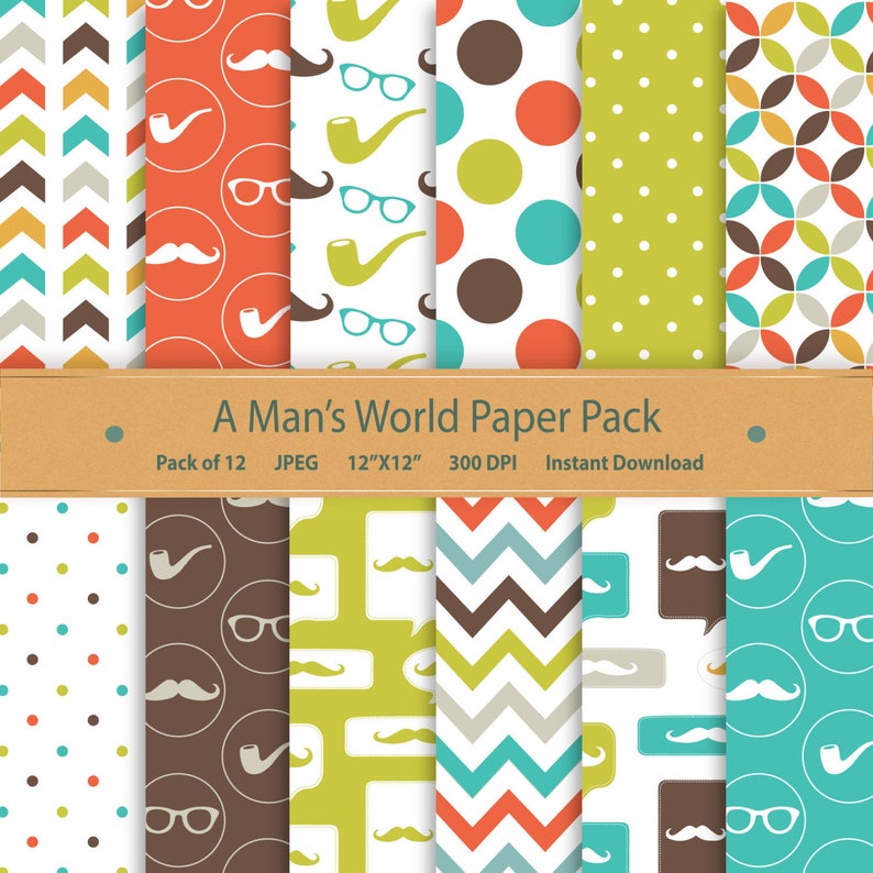 Puede incluir: Un conjunto de 12 patrones de papel digital con una variedad de dise&ntilde;os, que incluyen formas geom&eacute;tricas, bigotes, gafas y pipas. Los patrones son de estilo retro con una paleta de colores marr&oacute;n, verde, azul, rojo y blanco. El texto "A Man's World Paper Pack" se muestra en la parte superior de la imagen.