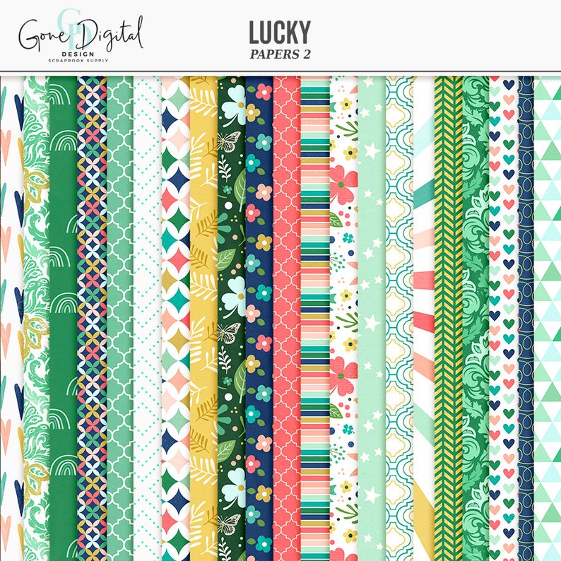 May include: A collection of patterned scrapbook papers in various designs and colors. The papers feature floral, geometric, and striped patterns in shades of green, pink, yellow, and blue. The text "LUCKY PAPERS 2" is visible.