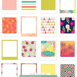 May include: Set of 16 digital summer frames in PNG format, each measuring 4 inches by 5 inches at 300 DPI. The frames feature various summer-themed patterns, including pineapples, flamingos, palm trees, watermelon, stripes, polka dots, and floral designs.
