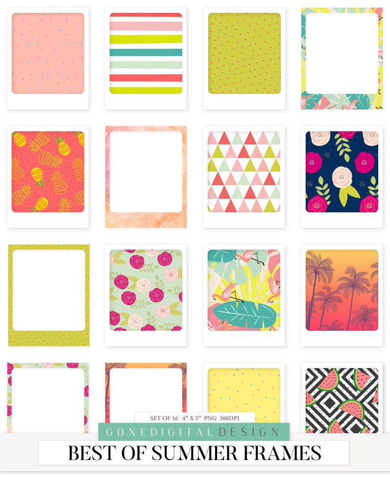 May include: Set of 16 digital summer frames in PNG format, each measuring 4 inches by 5 inches at 300 DPI. The frames feature various summer-themed patterns, including pineapples, flamingos, palm trees, watermelon, stripes, polka dots, and floral designs.