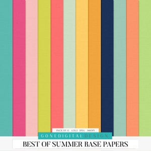 May include: A set of 12 digital paper backgrounds in various summery colors, including teal, pink, peach, yellow, and green. The papers have a textured look and are perfect for crafting and digital design projects. The text "Best of Summer Base Papers" is at the bottom of the image.