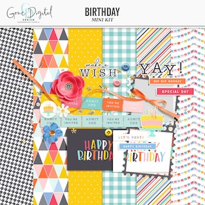 May include: A digital scrapbooking kit with a birthday theme. The kit includes various patterns, papers, and elements in bright colours like yellow, orange, pink, blue, and green. The text "make a wish yay!" is featured in the image.