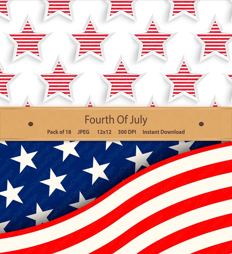 May include: A digital paper pack with 18 12x12 inch images featuring a red, white, and blue star pattern. The text "Fourth of July" is displayed on a brown banner. The images are perfect for scrapbooking, card making, and other crafting projects.