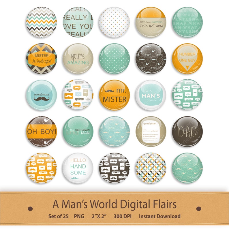 Puede incluir: Conjunto de 25 gr&aacute;ficos digitales con varios dise&ntilde;os con un tema masculino. Los gr&aacute;ficos incluyen patrones, texto e ilustraciones. Los gr&aacute;ficos est&aacute;n en una variedad de colores, incluyendo azul, verde, amarillo y marr&oacute;n. Los gr&aacute;ficos son de 2 pulgadas por 2 pulgadas y 300 DPI.