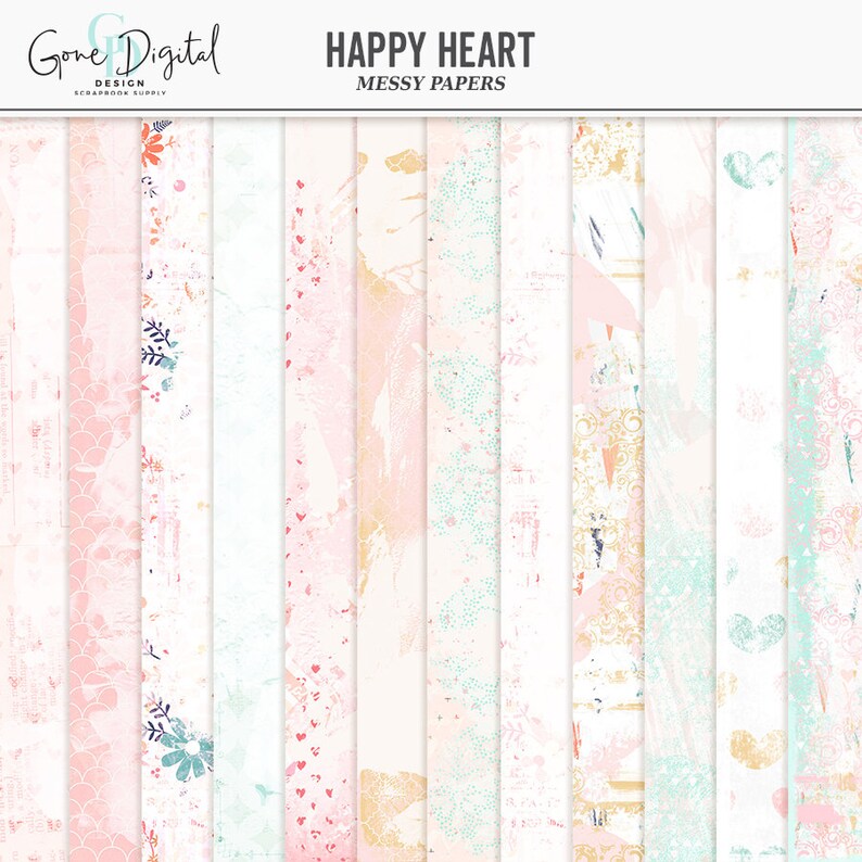 May include: A set of 12 digital papers featuring a variety of patterns in pink, white, and gold. The papers have a messy, textured look and include hearts, flowers, and other abstract designs. The papers are perfect for scrapbooking, card making, and other crafting projects.